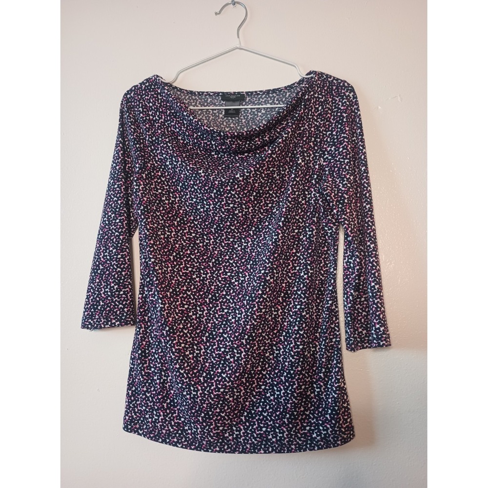 Ann Taylor Petite Top Size SP Cowl Neck 3/4 Sleeve Pink Black  Abstract Floral
